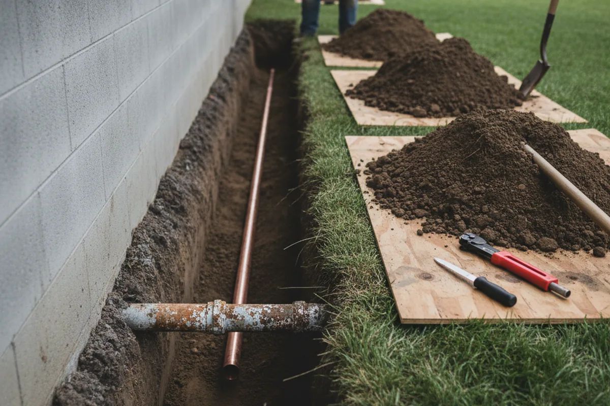Excavated water line trench during Sewer Line Repair in Gillett